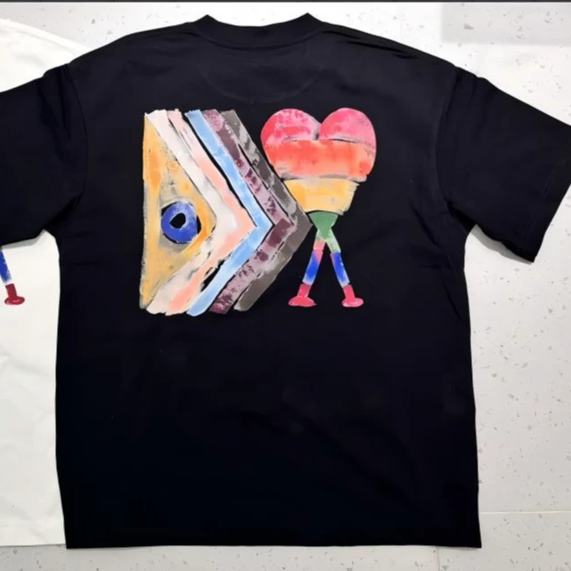 彩虹爱心涂鸦彩绘男女同款纯棉T恤宽松潮流印花情侣透气圆领短袖
