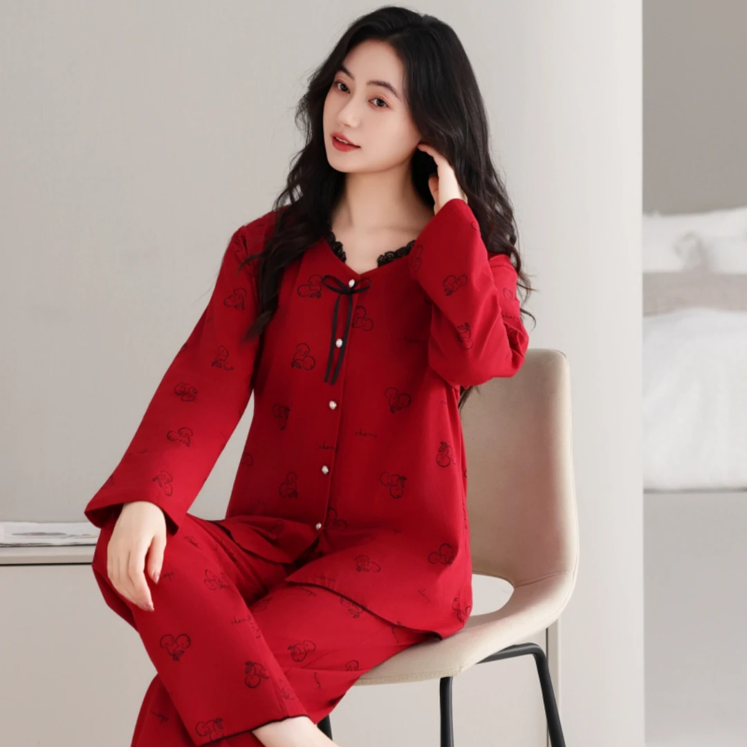 睡衣女款爆款2025新款套装纯棉春秋女士大码红色酒红本命年家居服