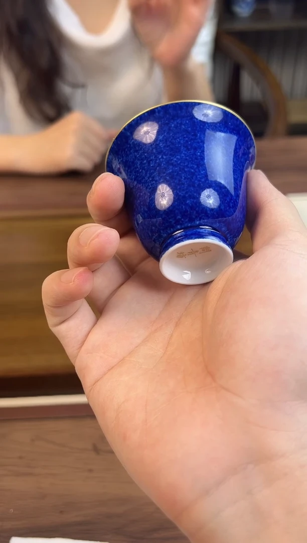 问青坊纯手工单色釉洒蓝描金柴窑杯子