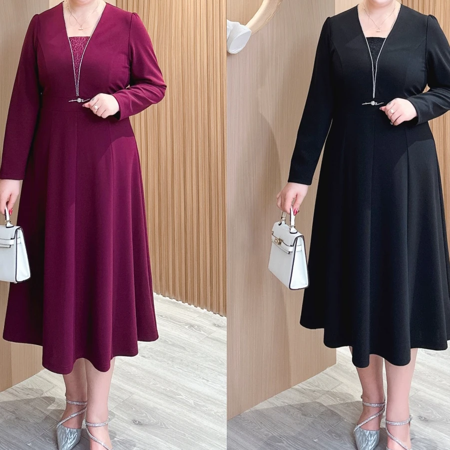 【现货连衣裙】MJ9073定制秋季新款轻奢遮肉显瘦V领假两件连衣裙