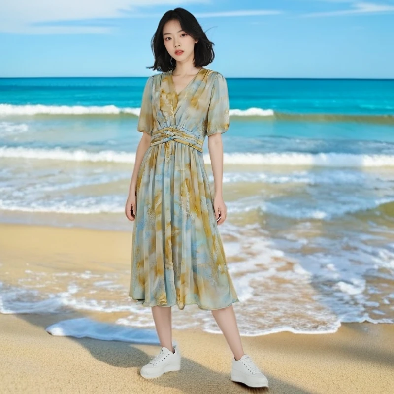 2025短袖极简风夏季连衣裙长款轻奢潮牌女简约长裙显瘦  5021