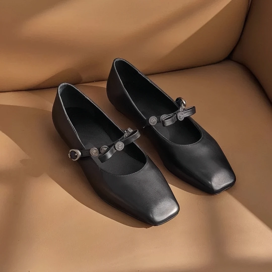 欧若风女鞋方头真皮软底浅口平底单鞋通勤新款玛丽珍鞋夏季法式
