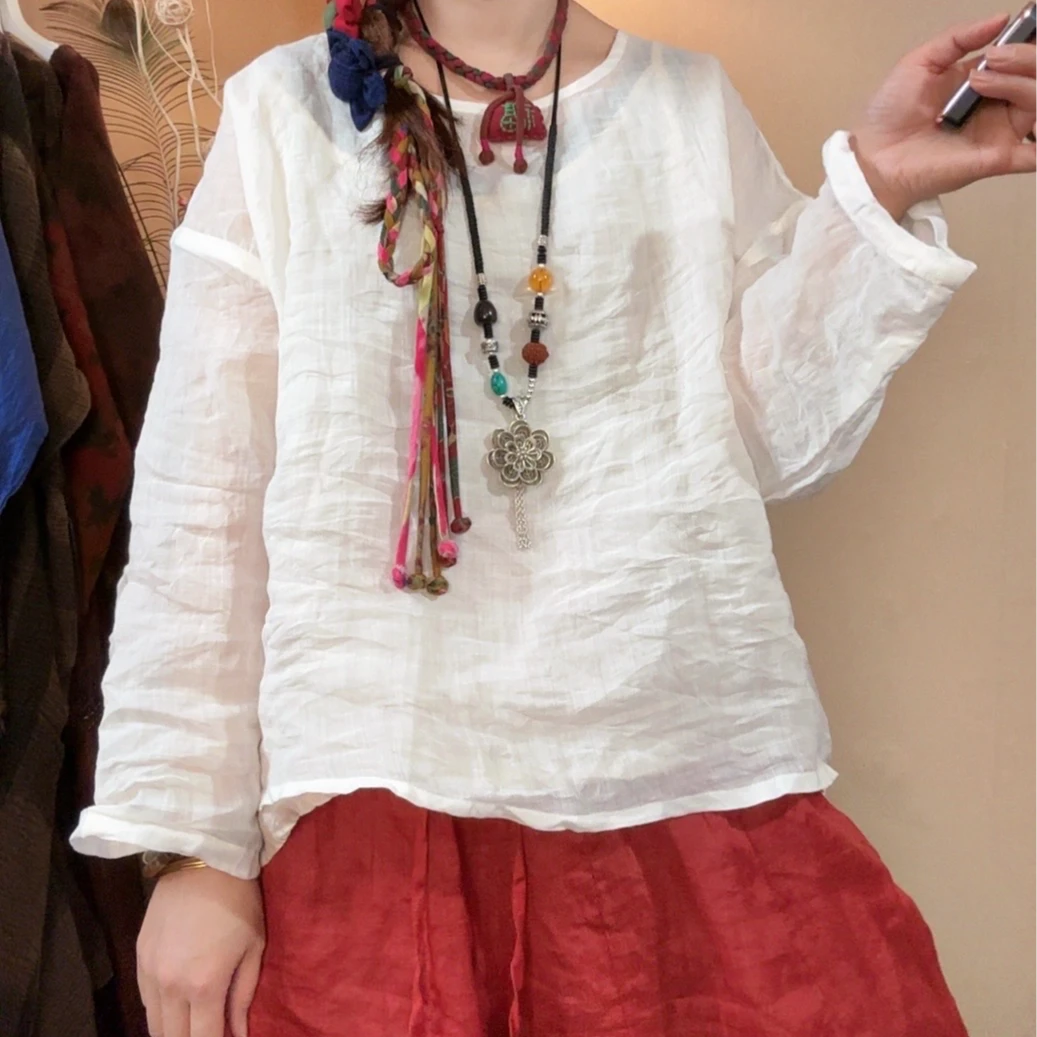 【语禾】3124极简风圆领套头纯苎麻小衫宽松百搭T恤（衣长60胸围130）