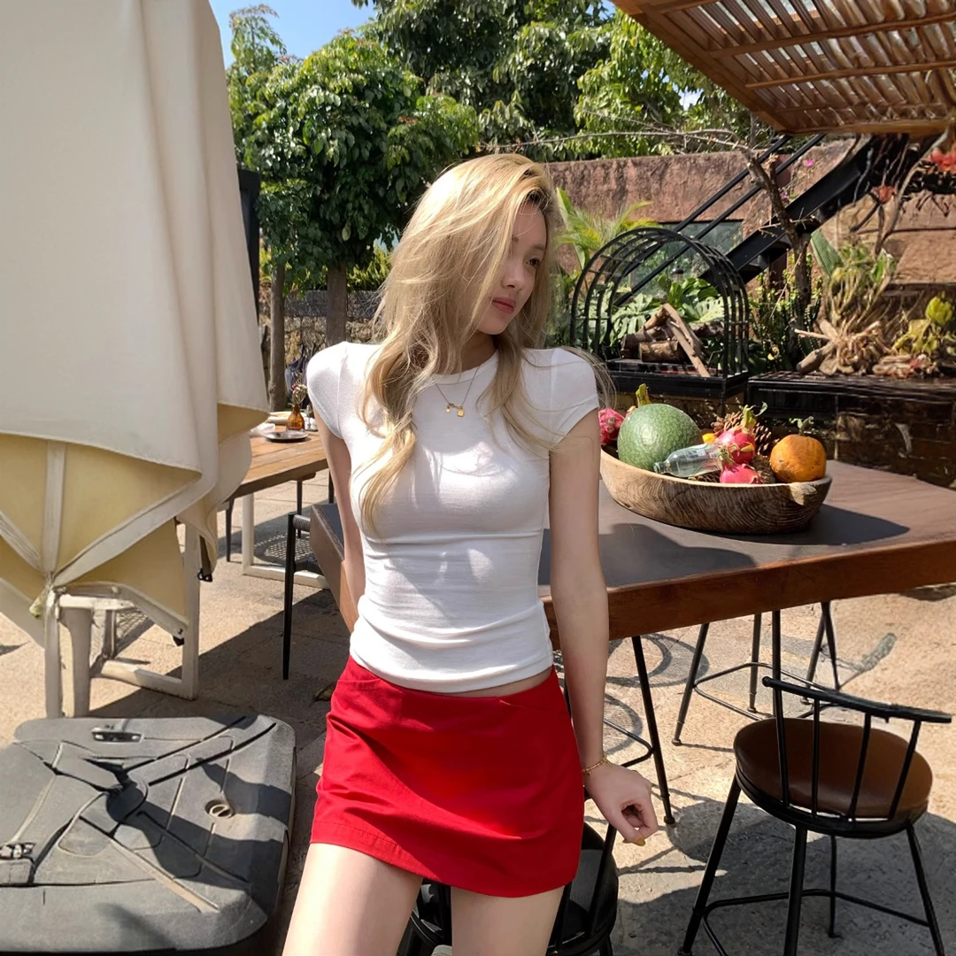 HX-DirectSale梅子果酱 红色a字半身裙女2025夏辣妹显瘦短款裙裤