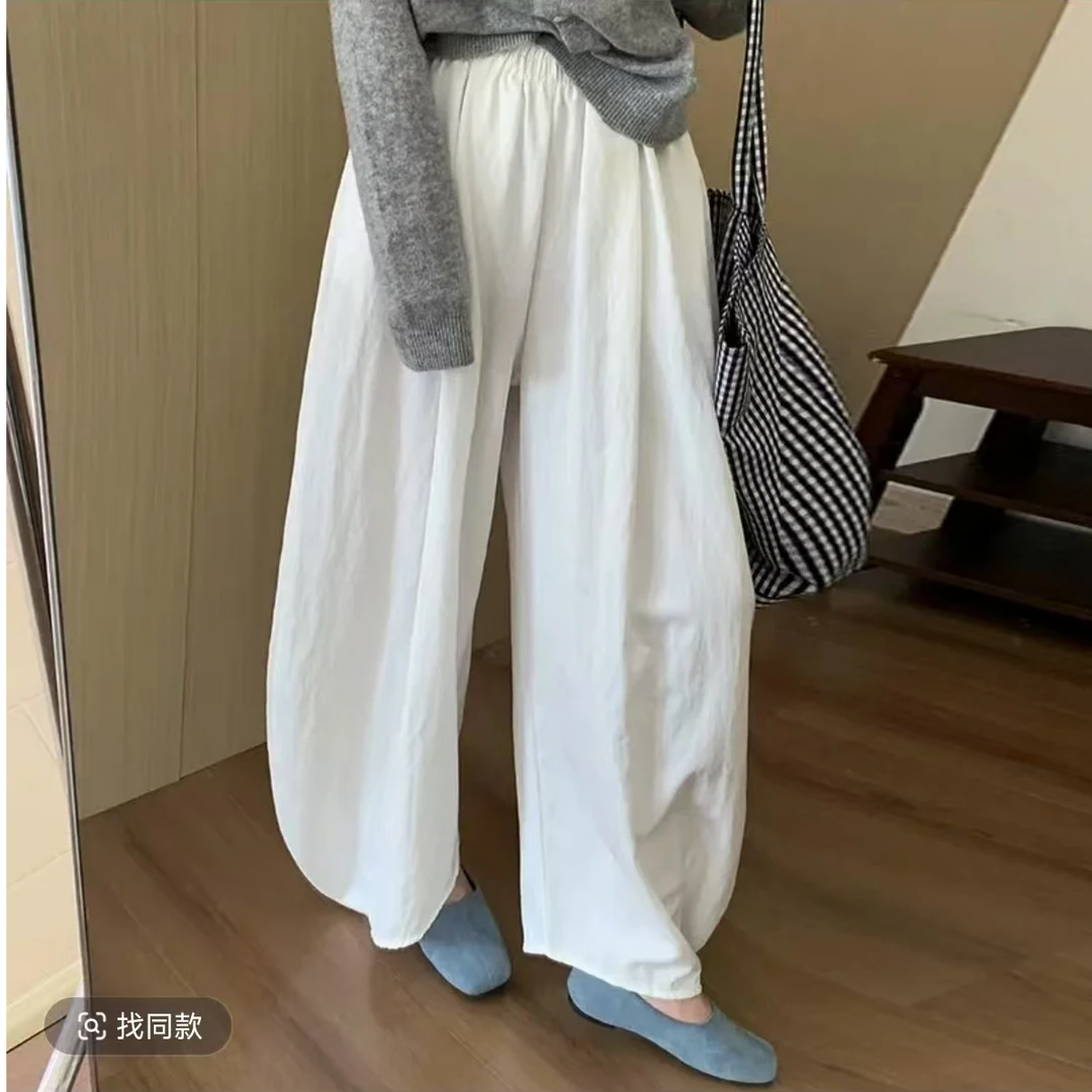 休闲豆荚裤~女士夏季薄款垂感阔腿裤高腰百搭宽松显瘦松紧腰纯色