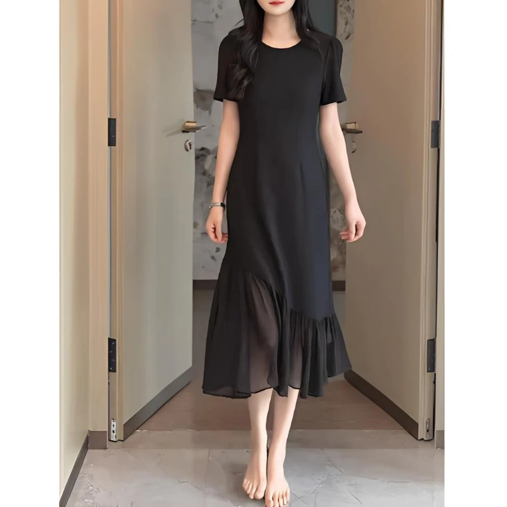 时尚纯色简约连衣裙女2025夏季新款气质显瘦不规则小黑裙鱼尾裙