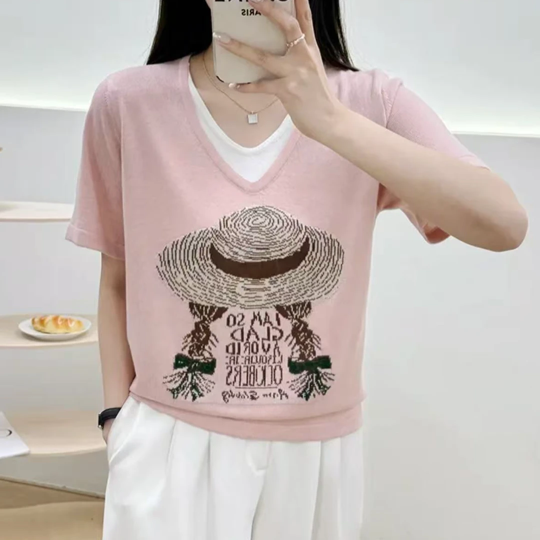 527#假两件短袖针织衫显瘦时尚百搭v领814