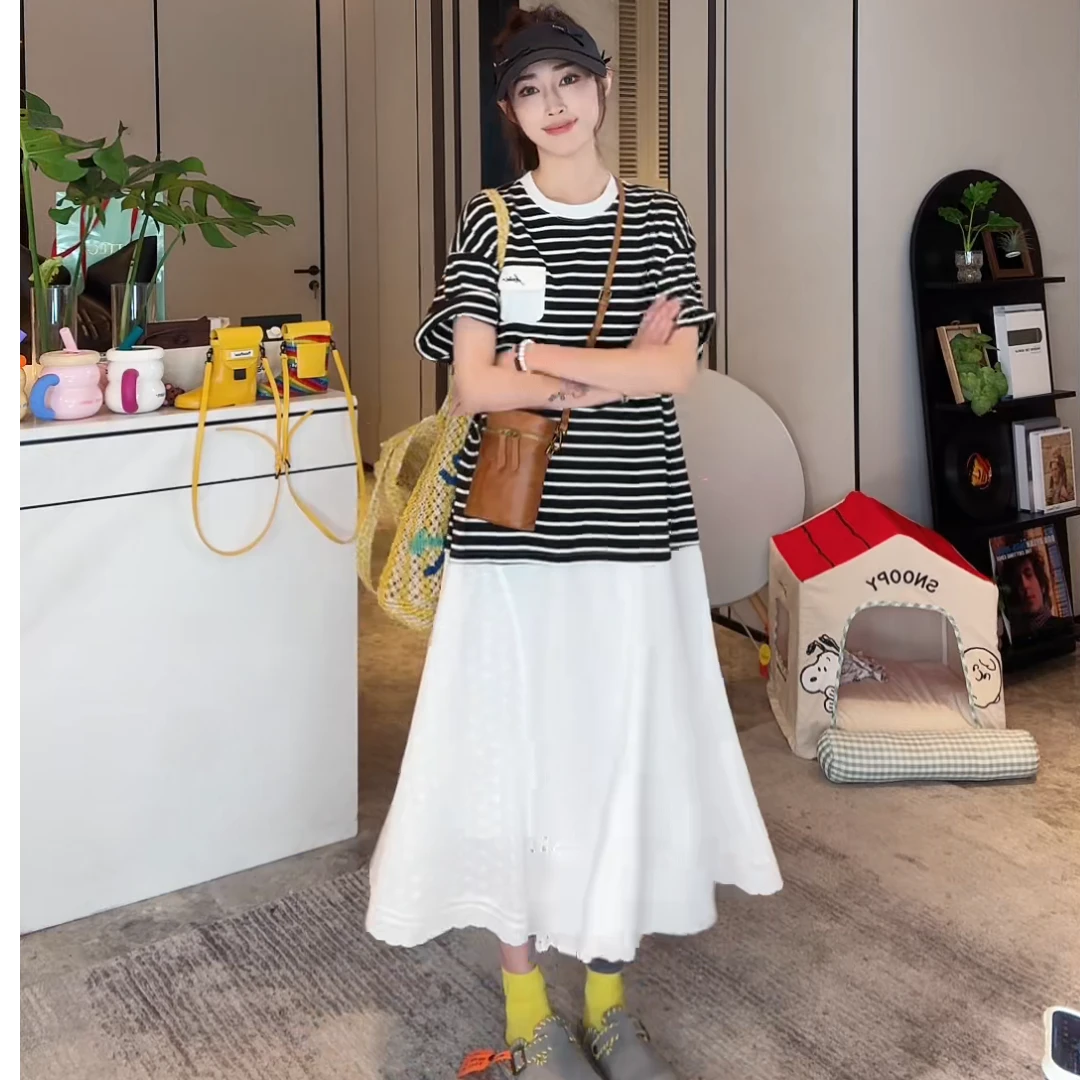 「初恋时光」不理理夏季新款小众女装条纹短袖T恤拼接式连衣裙