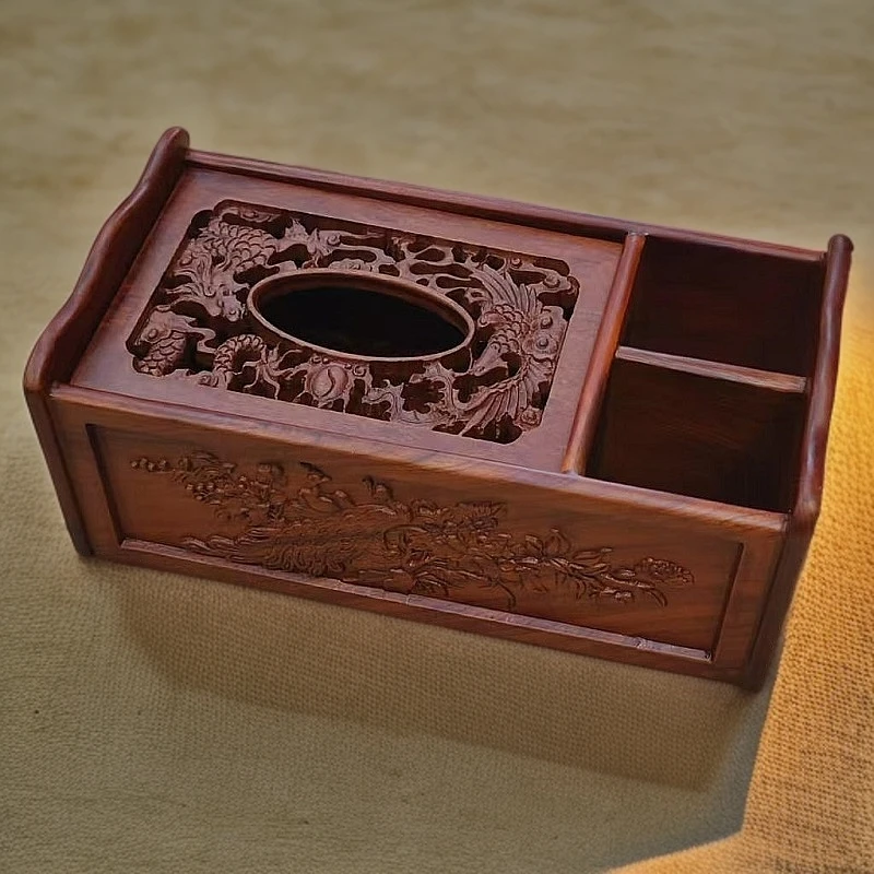 桌面花梨木富贵龙凤扣盖收纳盒纸巾盒28*15.5*11cm