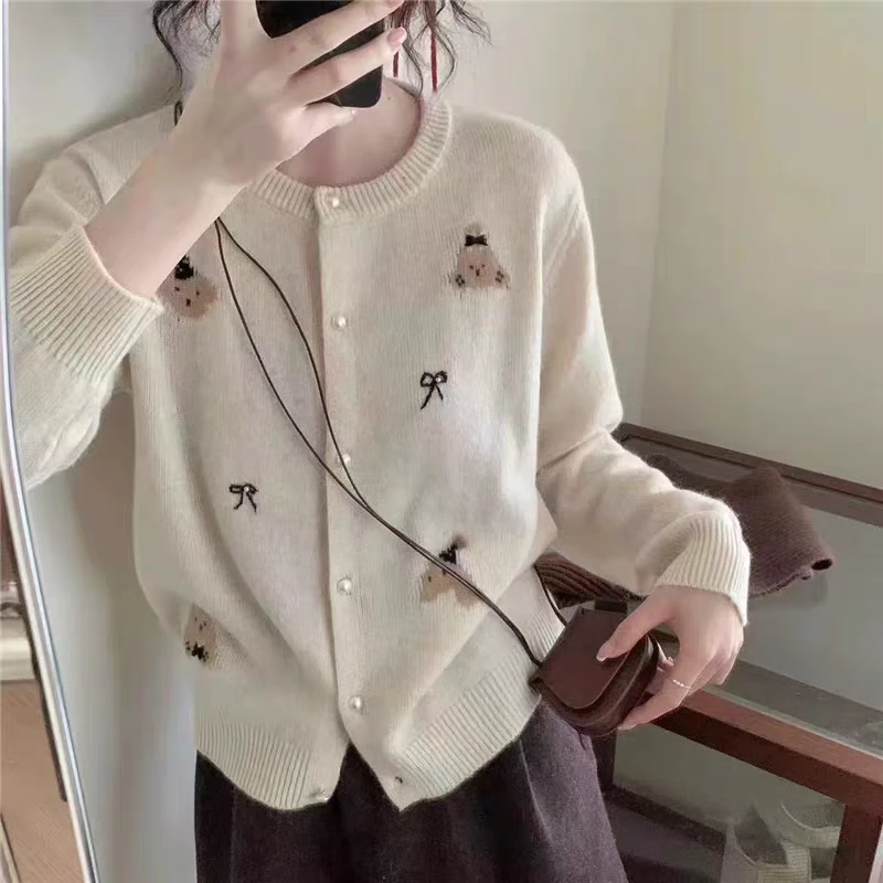 韩版蝴蝶结刺绣圆领减龄百搭显瘦毛衣外套