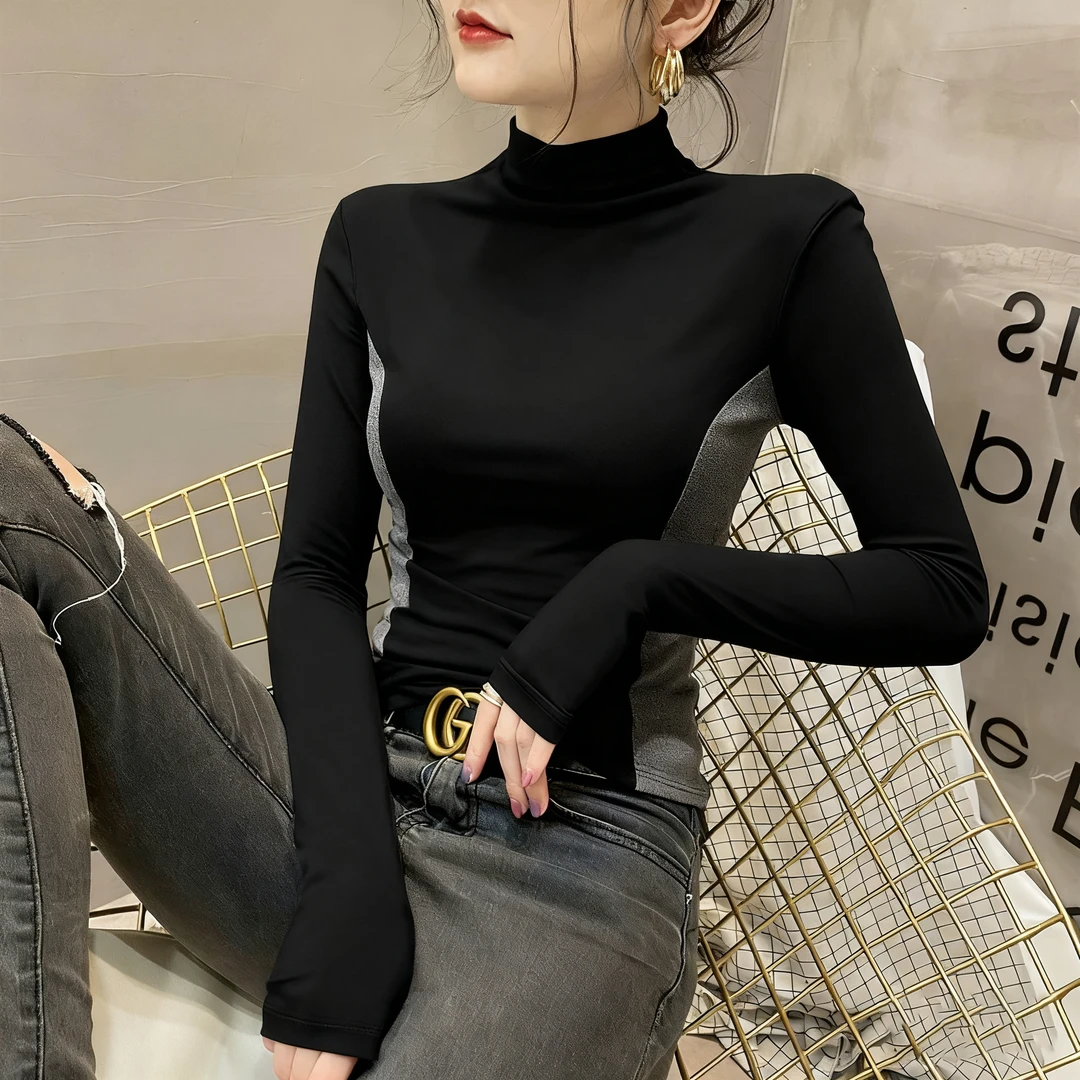 黑色螺纹半高领拼接长袖打底衫女式新款2025秋冬修身上衣百搭显瘦