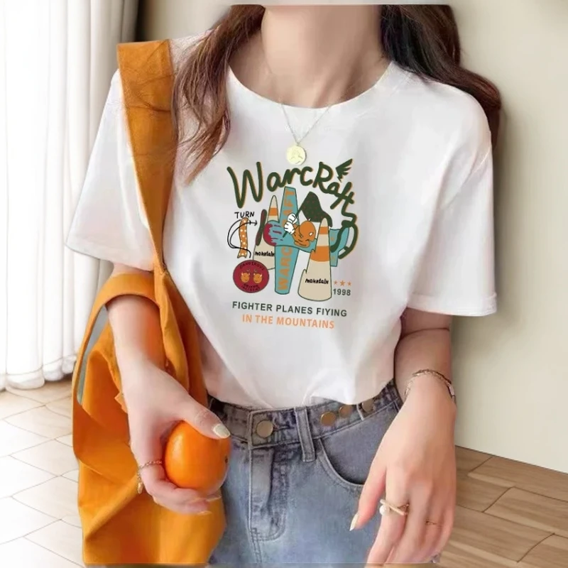 156时尚洋气短袖上衣女白色纯棉休闲夏季印花圆领设计感卡通