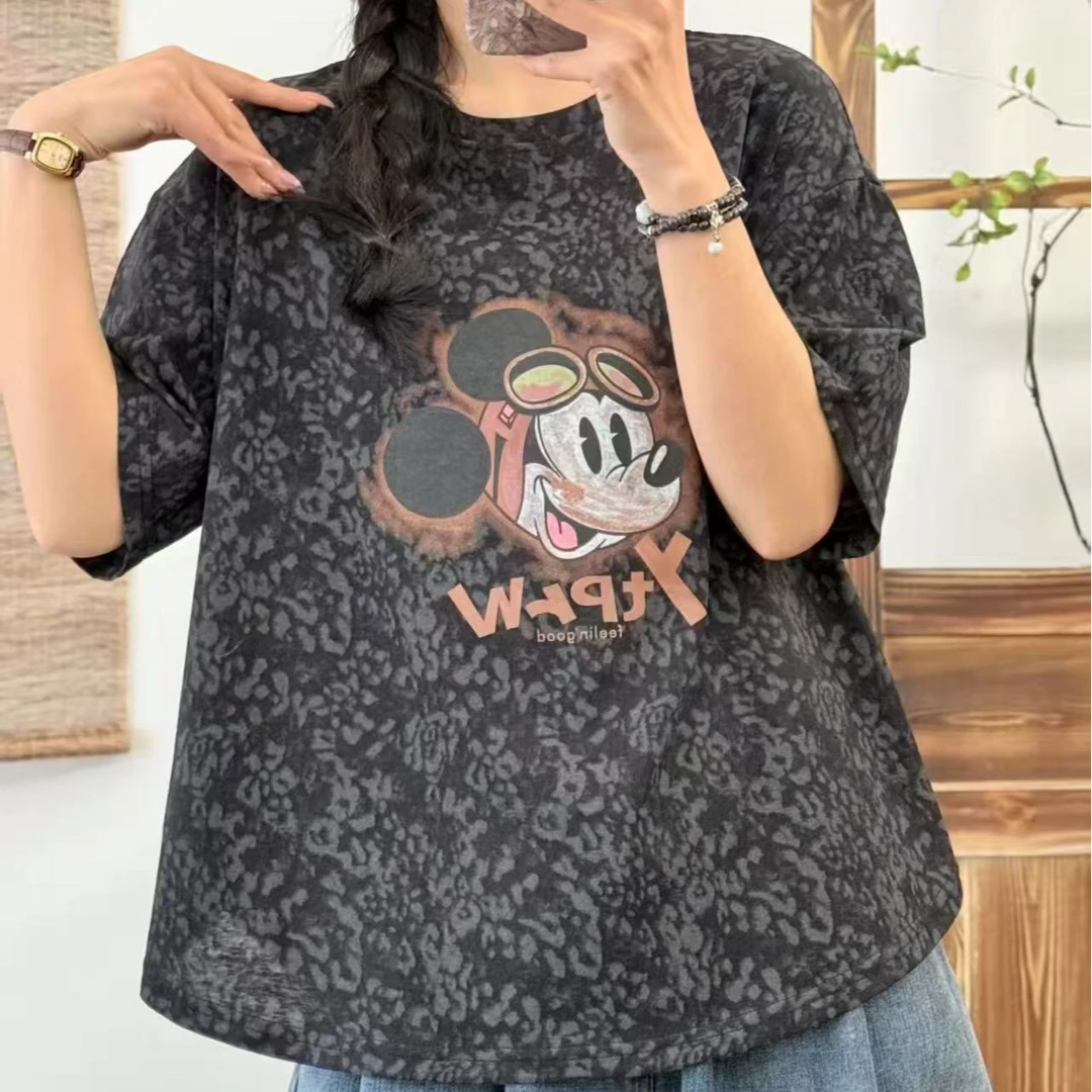 雪花棉2025夏季新款卡通米奇宽松休闲显瘦百搭时尚圆领T灰色t恤女