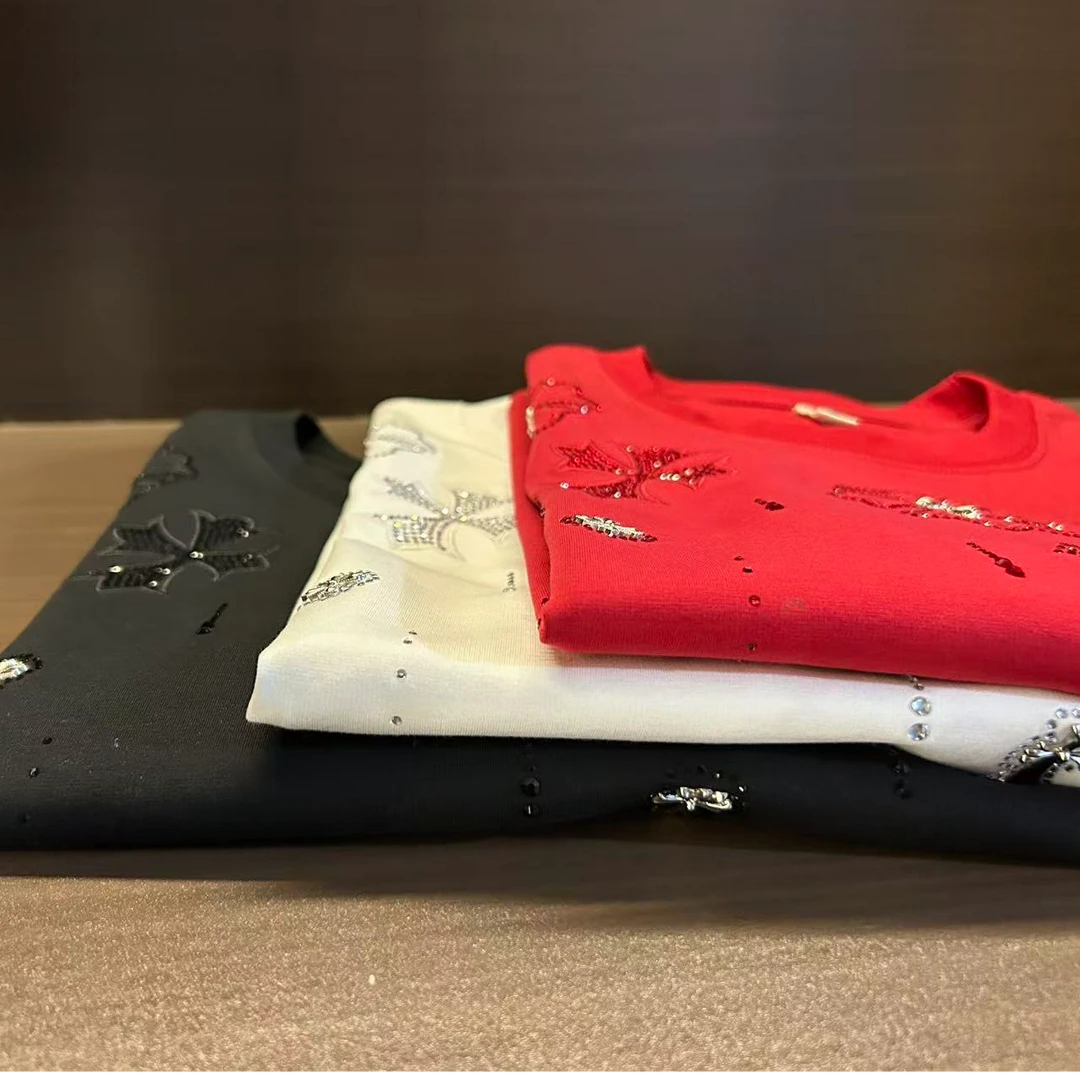 2025秋冬新款马年红色烫钻满天星短袖T恤修身男士修身男士半袖潮