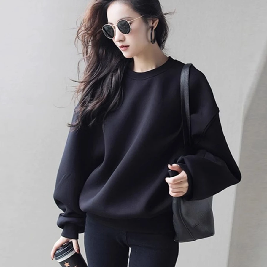 黑色圆领卫衣女2025春秋新款慵懒风休闲洋气减龄今年流行漂亮上衣