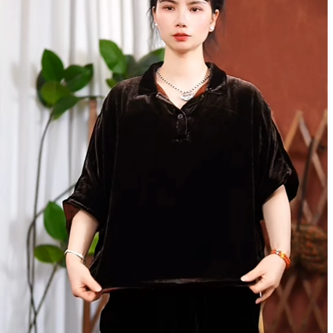 依梦分享-古澜木6992（桑蚕丝+丝）休闲短袖翻领丝绒上衣长62 围150
