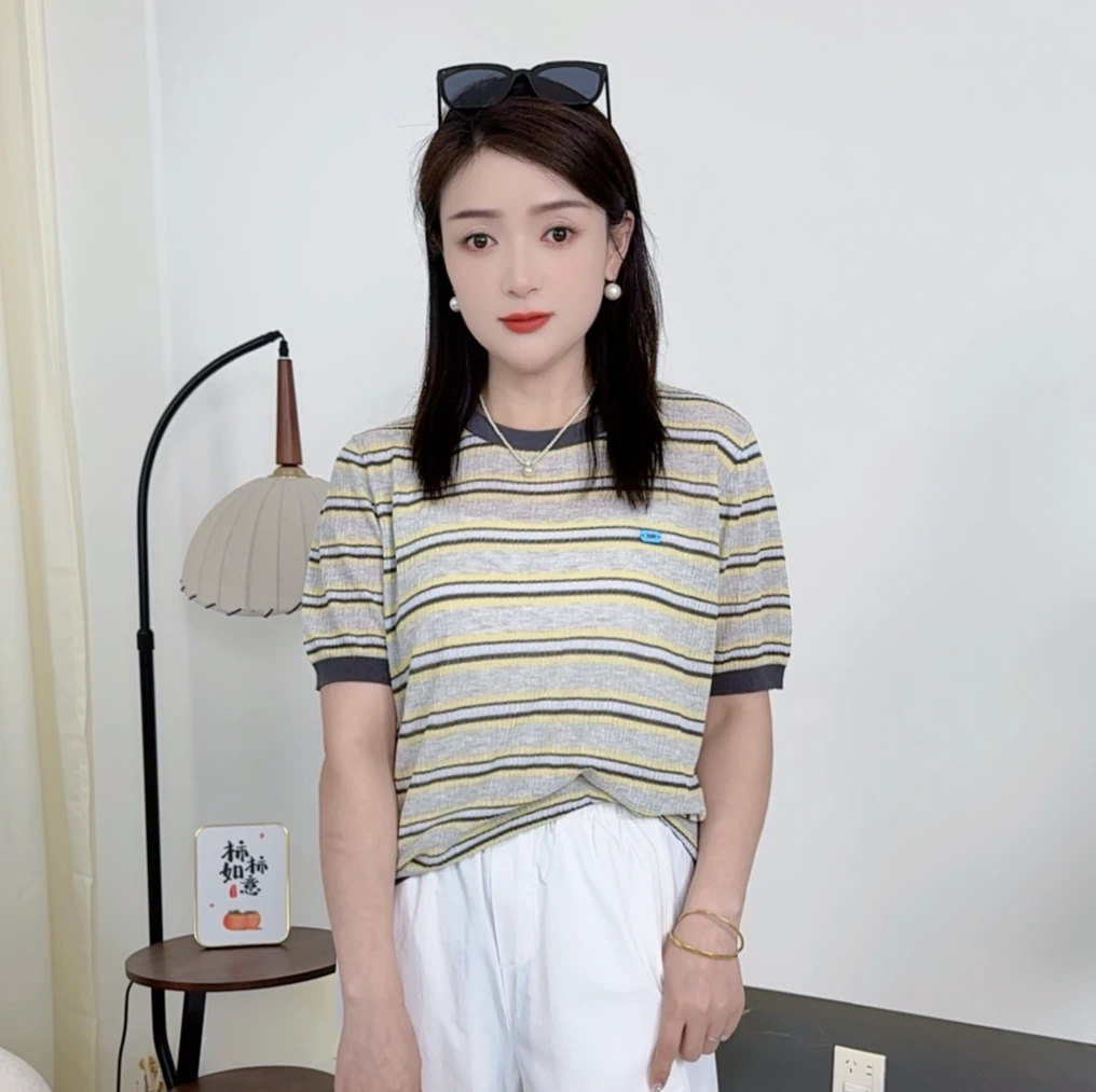 30863 丽丽--夏季休闲时尚亚麻圆领条纹针织衫女