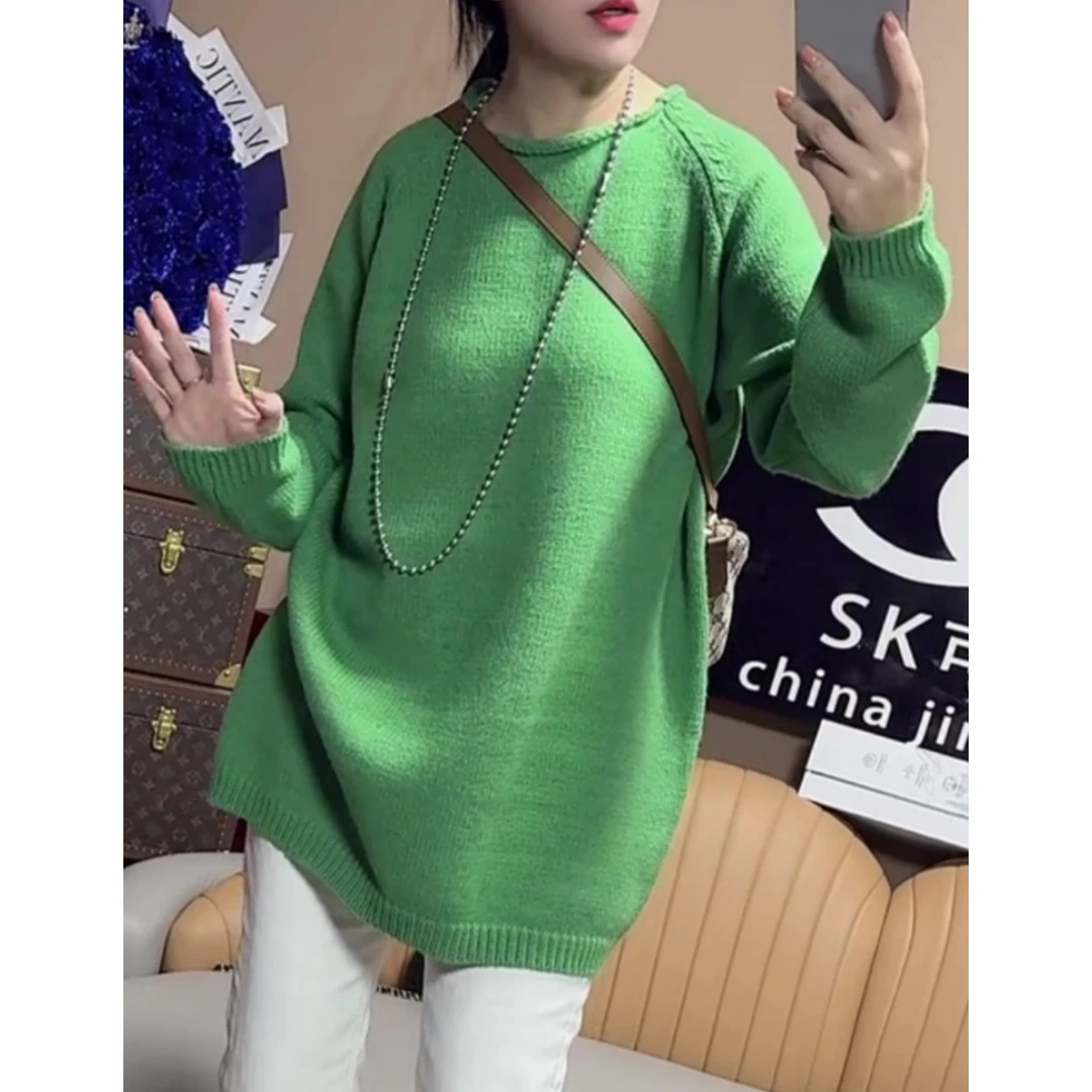 景倩妮绿色时尚洋气慵懒风针织毛衣2025冬季新款宽松遮肉显瘦上衣