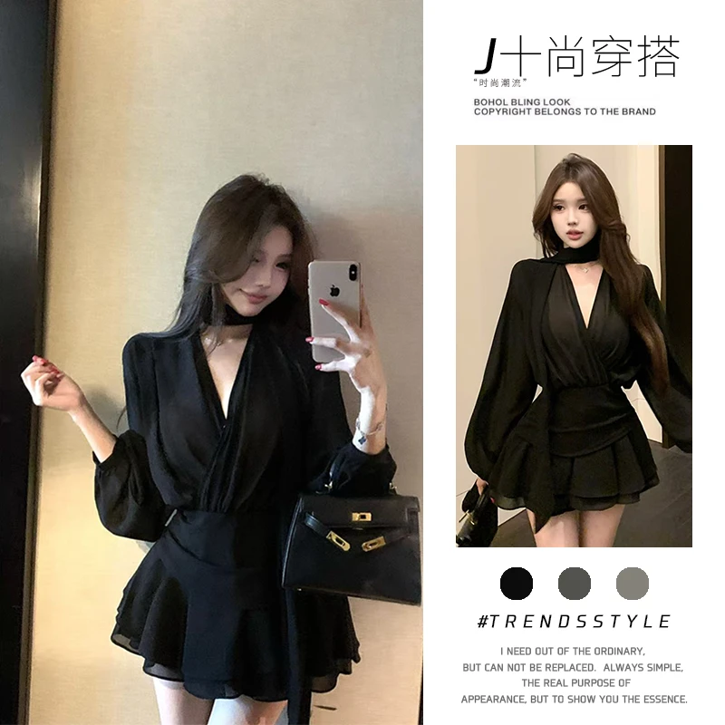 【实拍】早秋法式飘带雪纺长袖黑色连衣裙女纯欲性感气质收腰字短裙