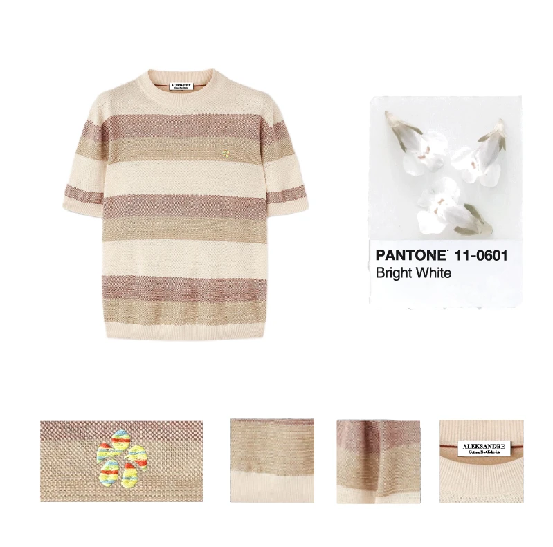 Aleksandre棉宝”亚麻天丝“艾德莱斯刺绣老钱风镂空T恤