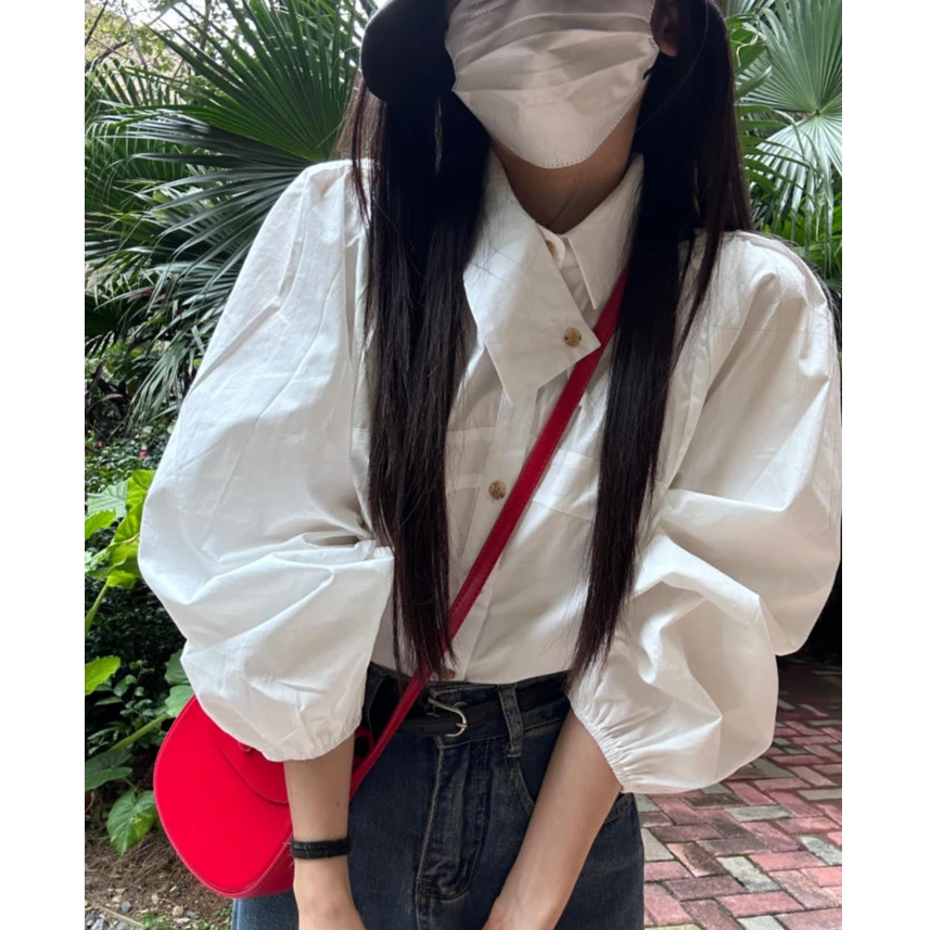 新款灯笼袖白色衬衫长袖上衣百搭宽松设计感衬衣女