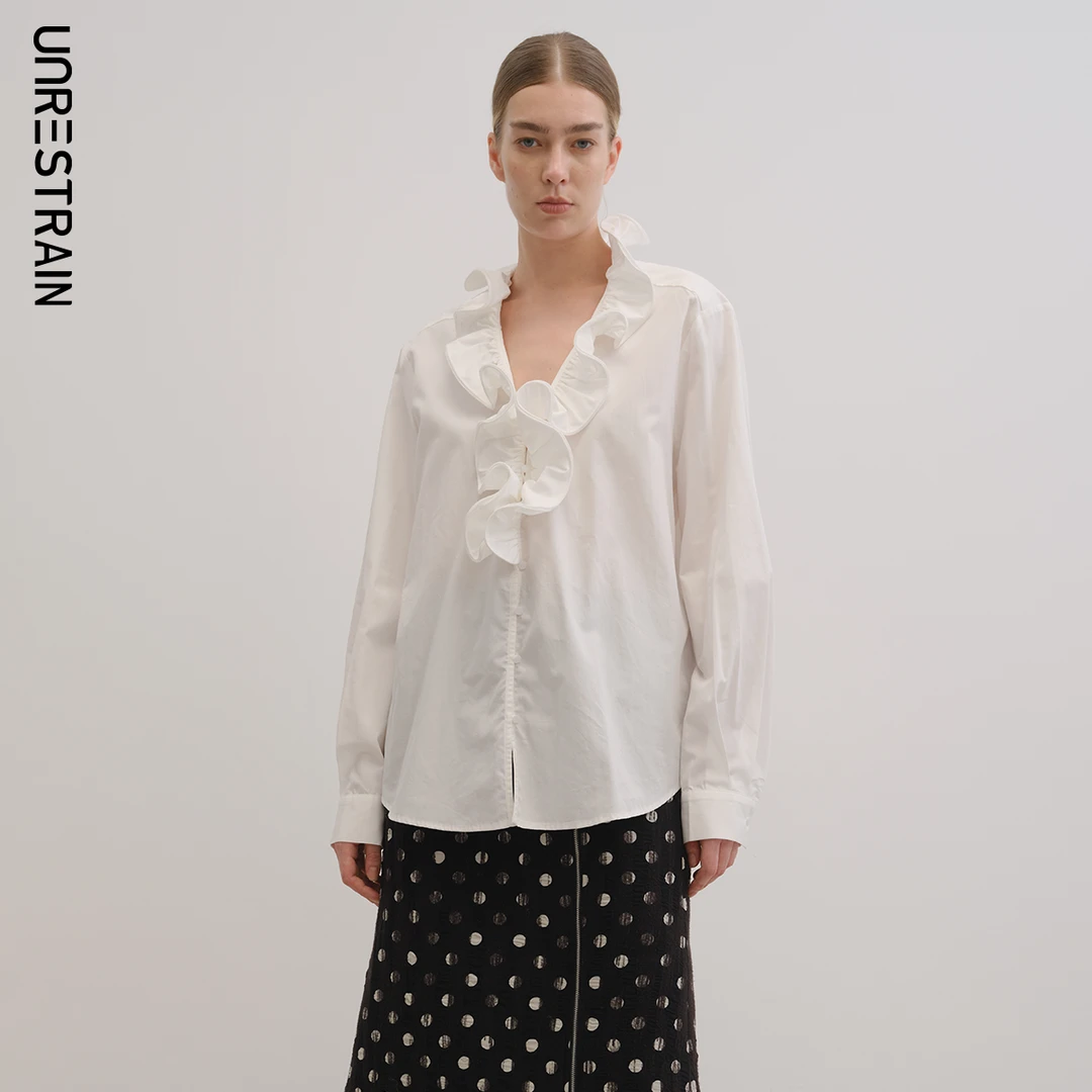 【UNRESTRAIN】UNR25秋冬可调节荷叶边长袖宽松衬衫女