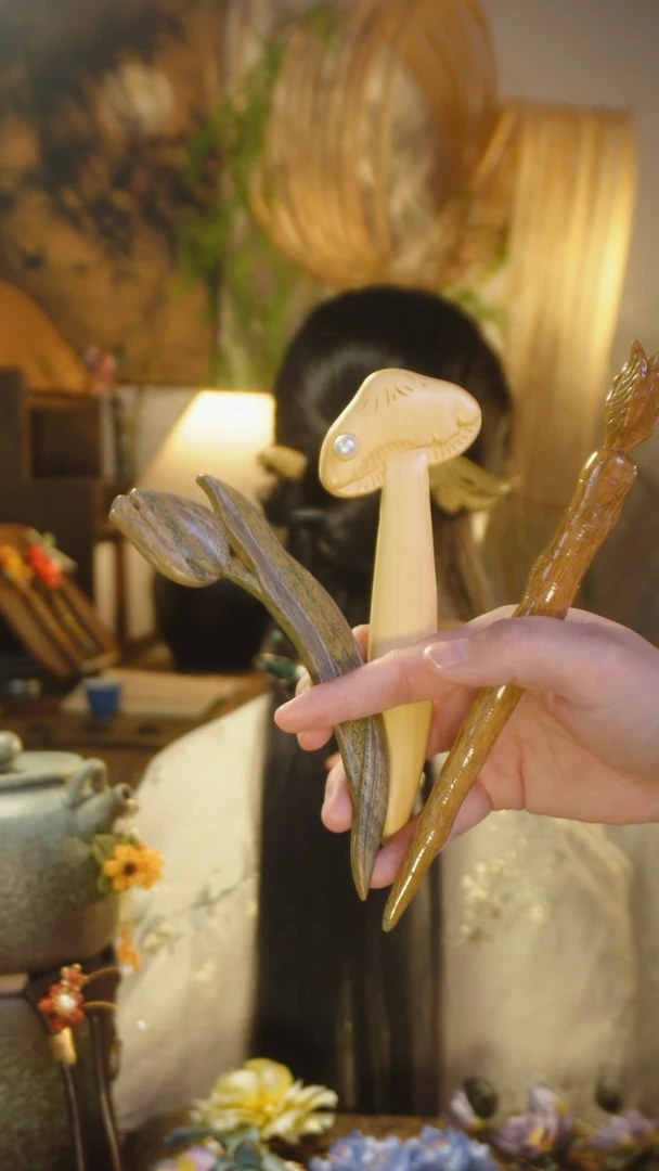 木原创木簪组合三支蘑菇（绿檀）
