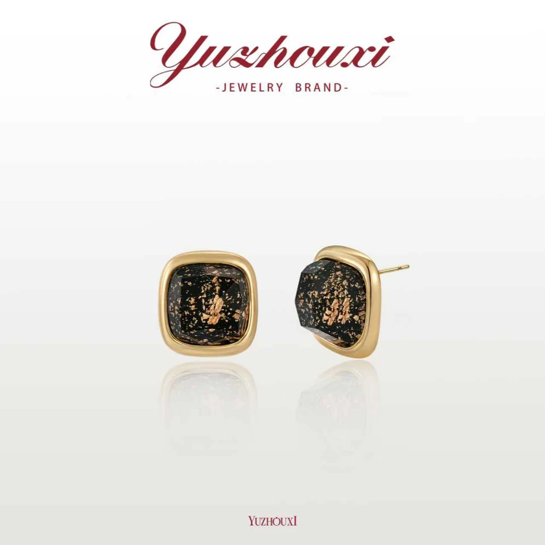 铜合金锆石耳饰 I3-178【方形纽扣金箔纸锆石耳钉】