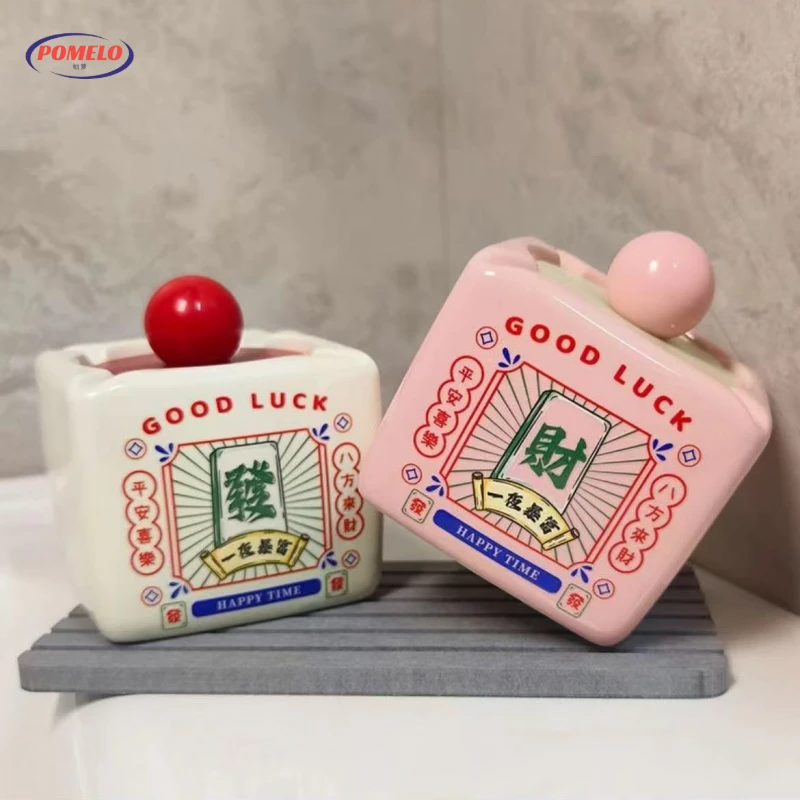 财运大发新年复古怀旧搪瓷陶瓷烟灰缸发财国潮大容量带盖防飞灰