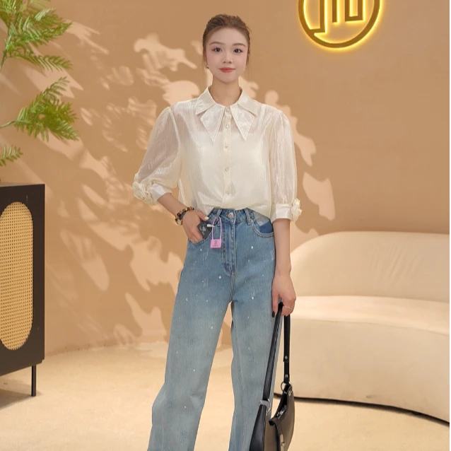 2025夏季新款设计感翻领衬衫女法式温柔气质百搭上衣女