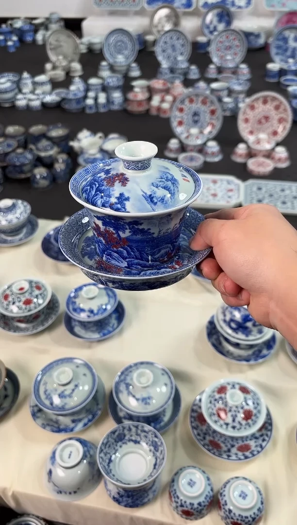 盖碗瓷景德镇陶瓷茶具青花釉里红清流圣境马蹄盖碗