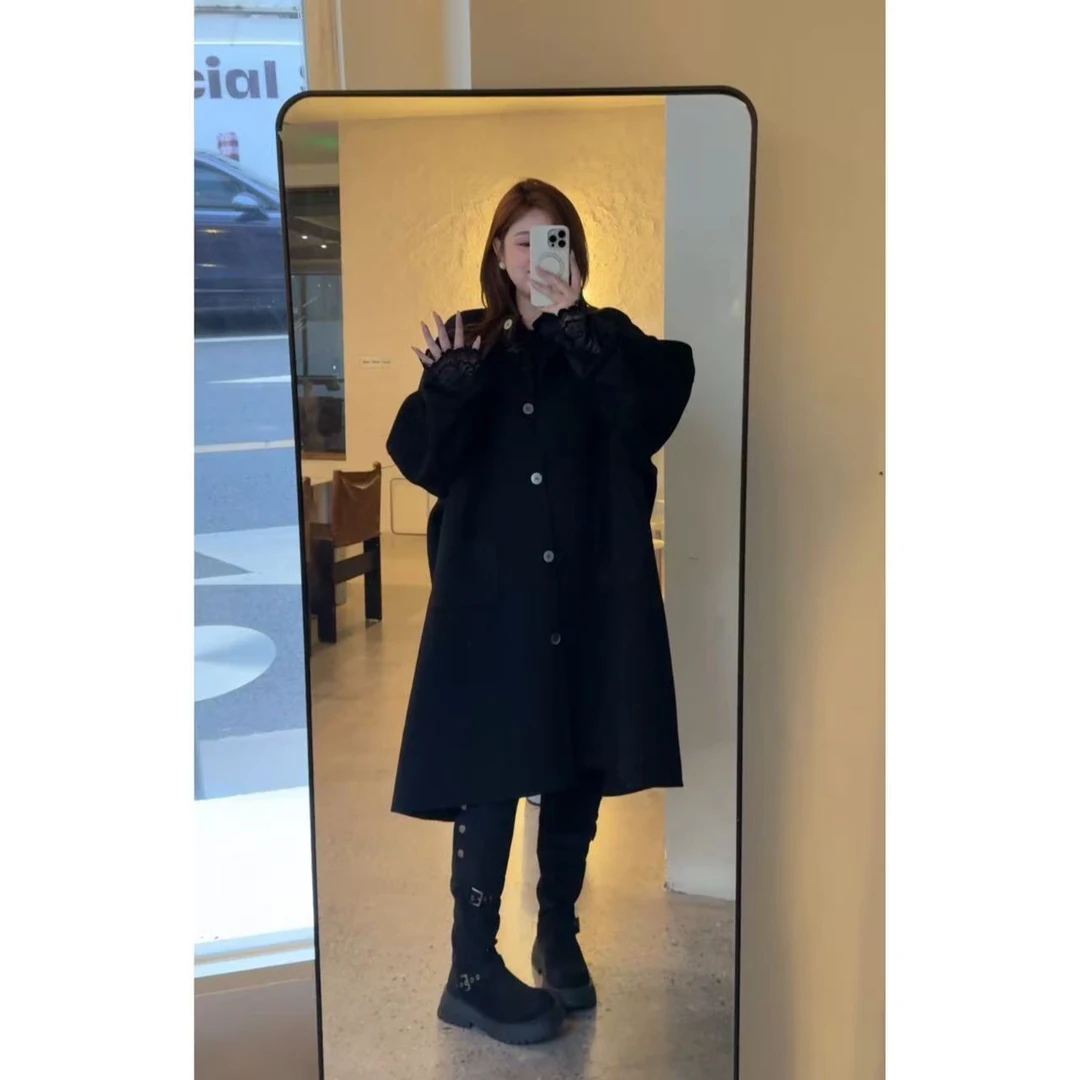 晶咕佳佳【墨本古堡】纯色长款插肩袖斗篷大衣黑色宽松韩版中长