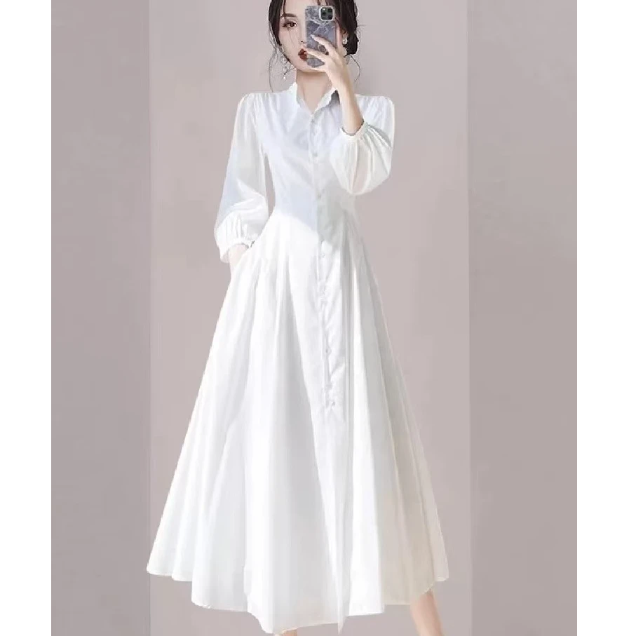 【钟意】H033白色衬衫连衣裙QX069