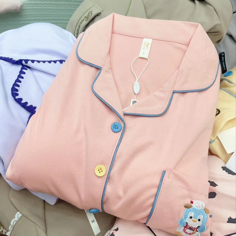 【B181】紧赛棉加厚10-20°精品刺绣粉色企鹅秋冬长袖长裤+胸垫睡衣