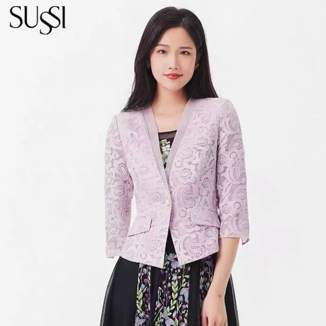 SUSSI/古色提花V领时尚七分袖中国风短款短外套夏装薄外套上衣