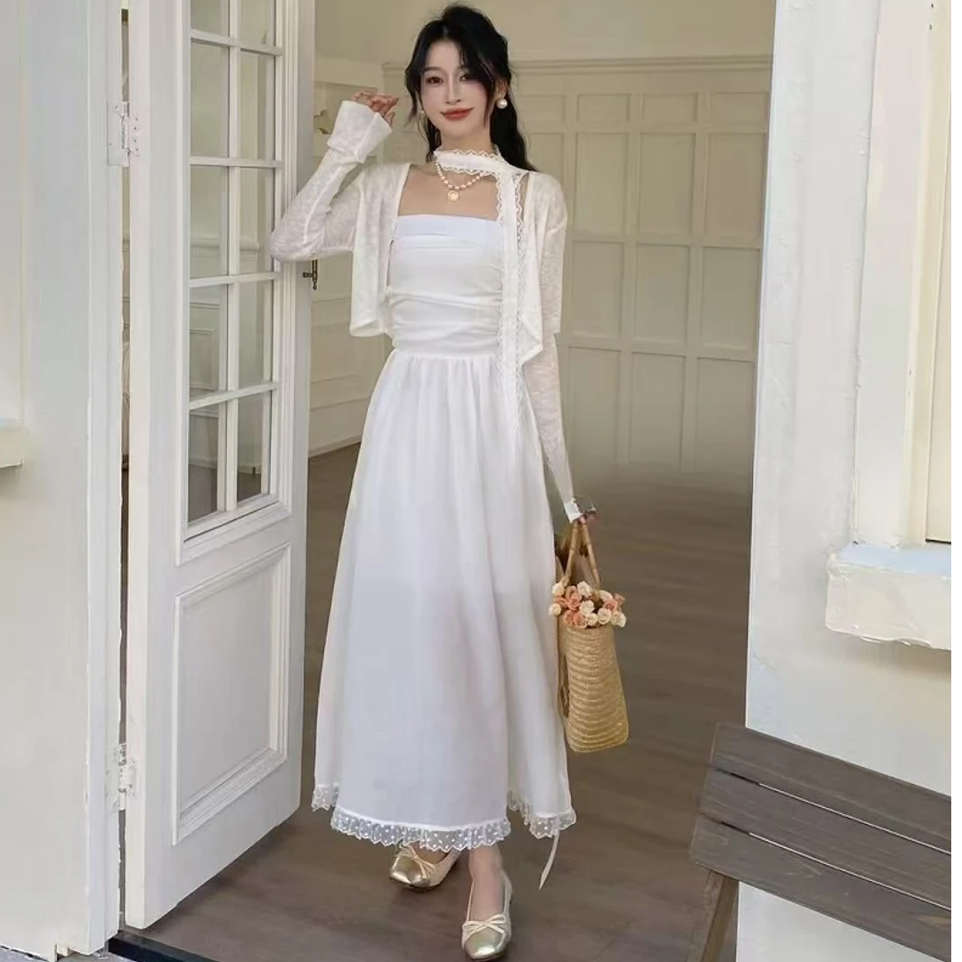 抹胸长裙蕾丝拼接 显瘦小个子法式收腰赫本风时尚高腰
