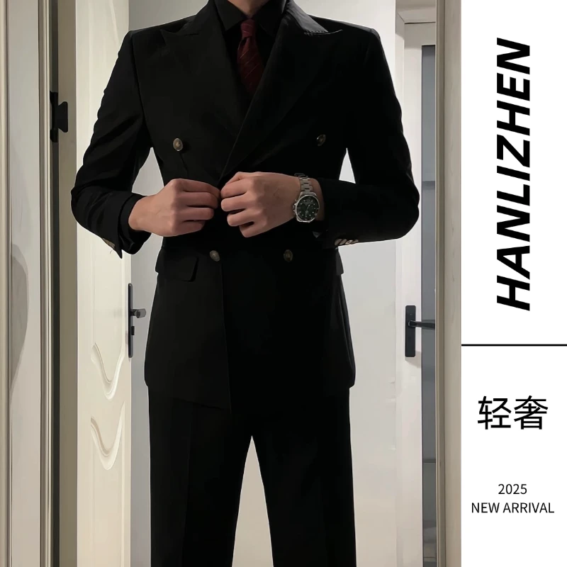 轻奢双排扣英伦风戗驳领男士西服套装修身商务新郎结婚礼服套装