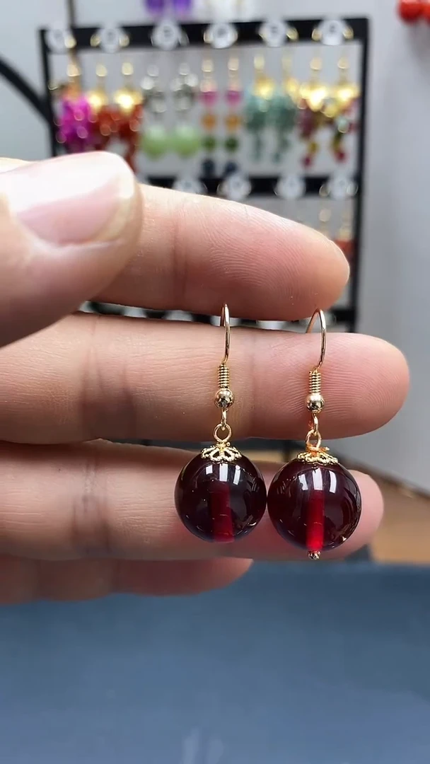 银S925镀金镶嵌血珀耳饰尺寸14mmC2