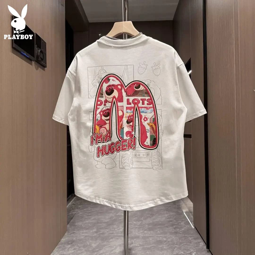 花花公子冰丝短袖潮牌美式印花宽松男士t恤短袖衫男士网红款衣服