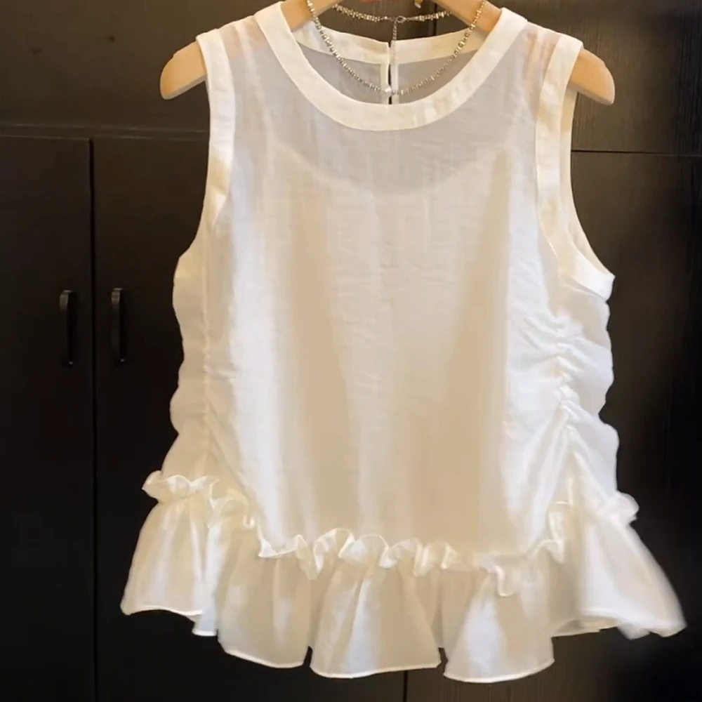 【浅林素光】媛韩版褶皱花边带夏季气质吊带两件套无袖背心衬衫上衣