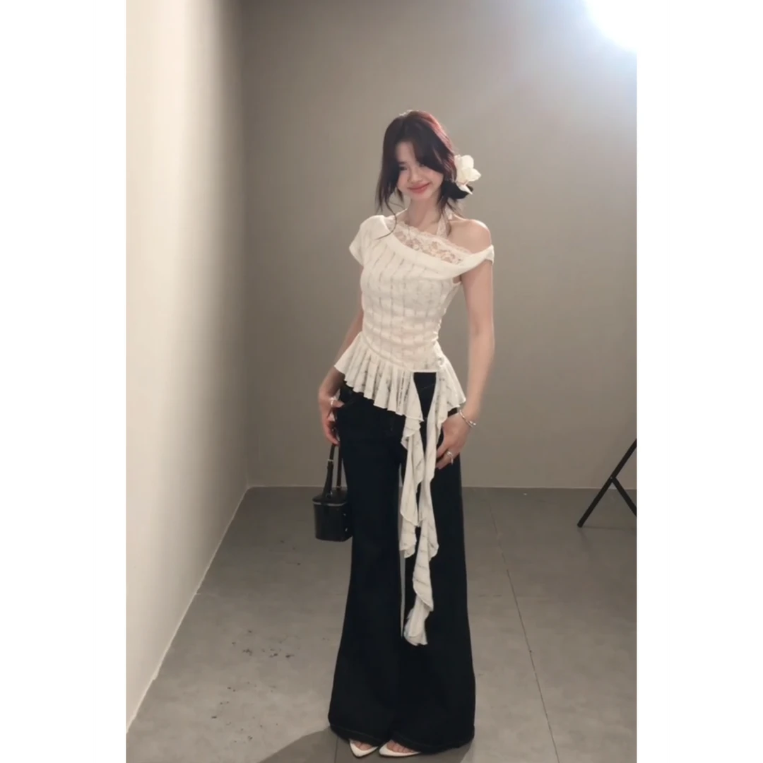 MARIE.COCO扎染露肩不规则女夏季收腰荷叶边显瘦上衣时尚长裤套装
