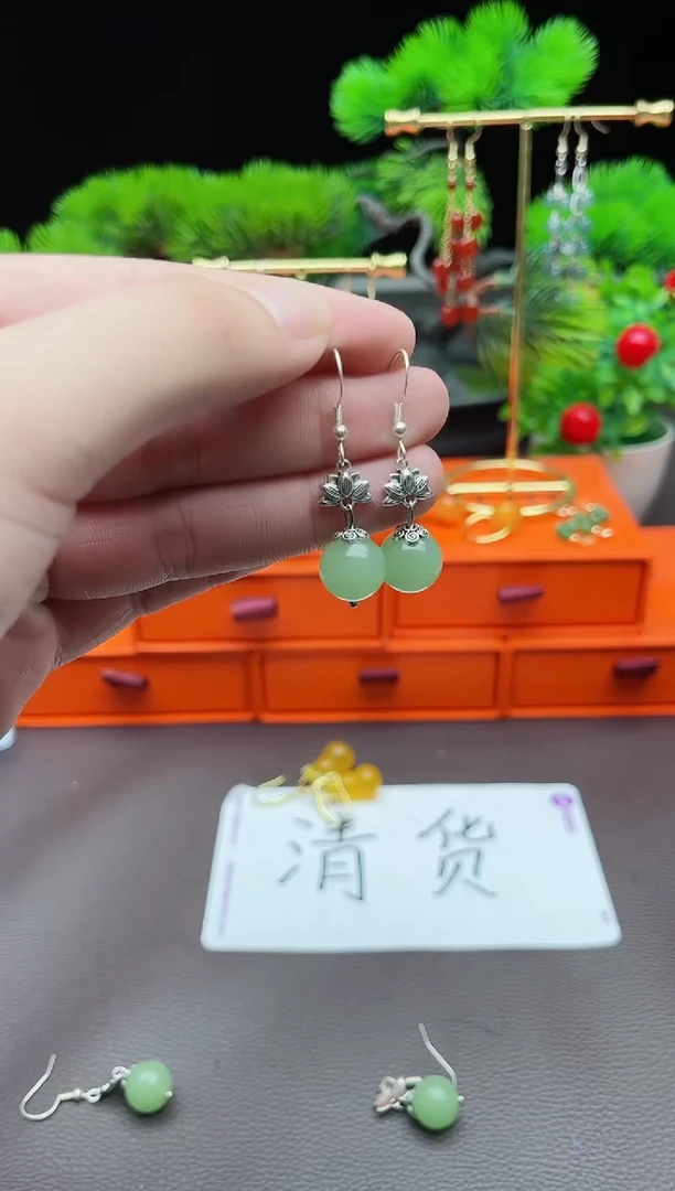 东陵石银S925镶嵌耳饰427