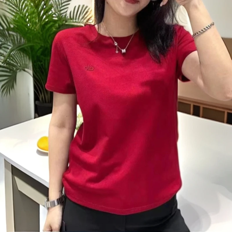 欧版时尚简约气质百搭短袖洋气夏季2025显瘦修身红色休闲打底衫