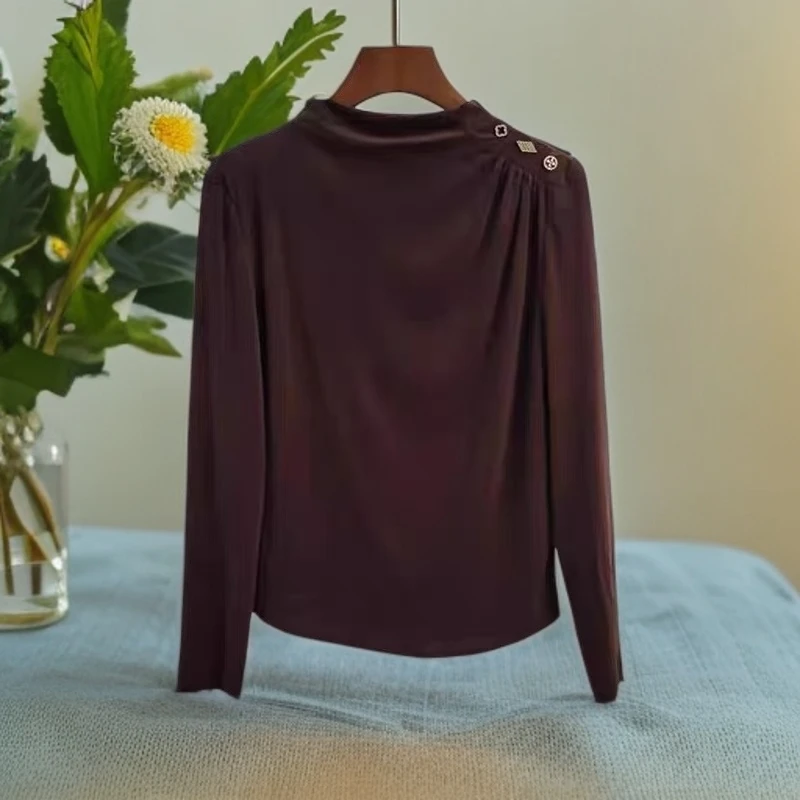 S214 春秋款时尚高级褶皱半高领显瘦打底单穿小衫JR