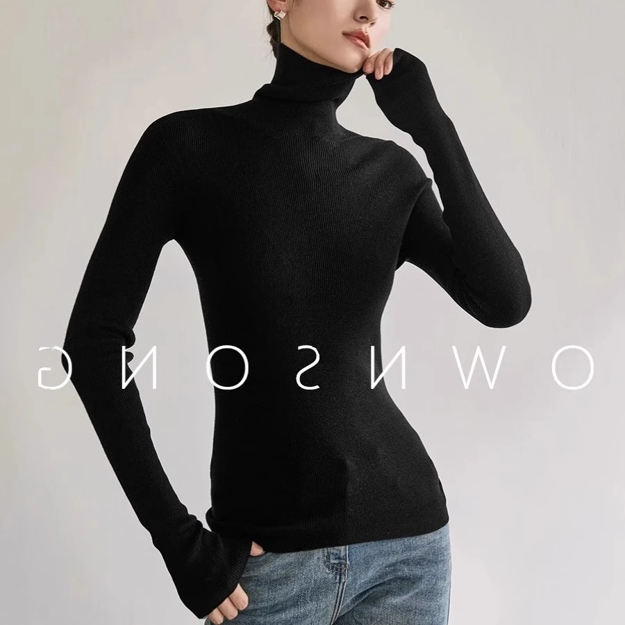 黑色高领毛衣打底衫女秋冬修身内搭紧身羊毛针织衫软糯堆堆领上衣