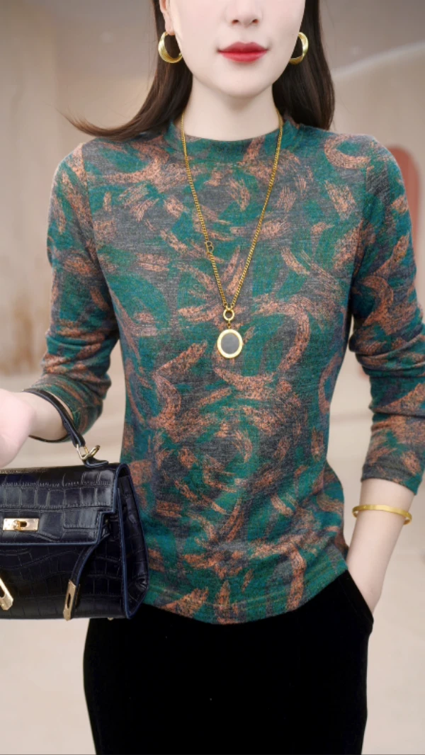 FZ306烟波浩渺雅致半高领小衫套头针织长袖上衣保暖打底内搭