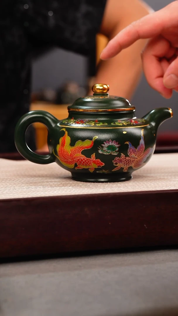 茶壶紫砂绿泥 掇只 锦鲤珐琅彩