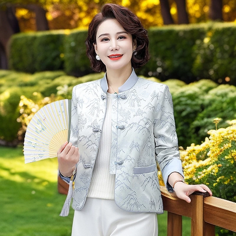 新中式妈妈外套春季时尚国风上衣中老年女新款春装短款夹克衫
