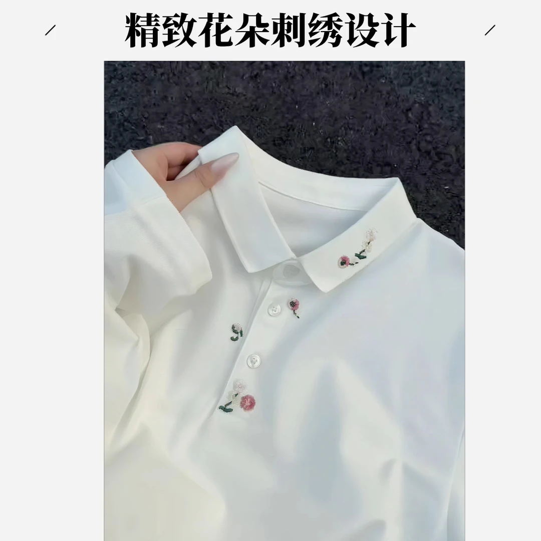 白色花卉刺绣polo衫短袖男夏季高级感轻奢潮牌t恤翻领美式半截袖