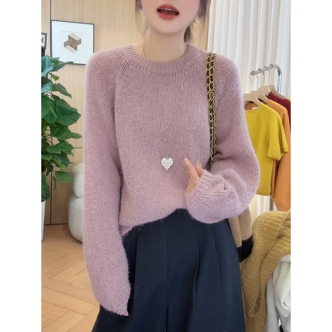 粉色圆领长袖针织衫女秋冬内搭毛衣2025年新款韩系慵懒风宽松上衣